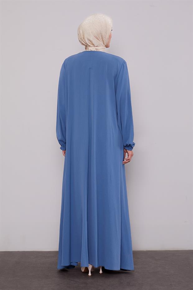 İndigo Fermuarlı Kol Ucu Lastik Büzgülü Ferace