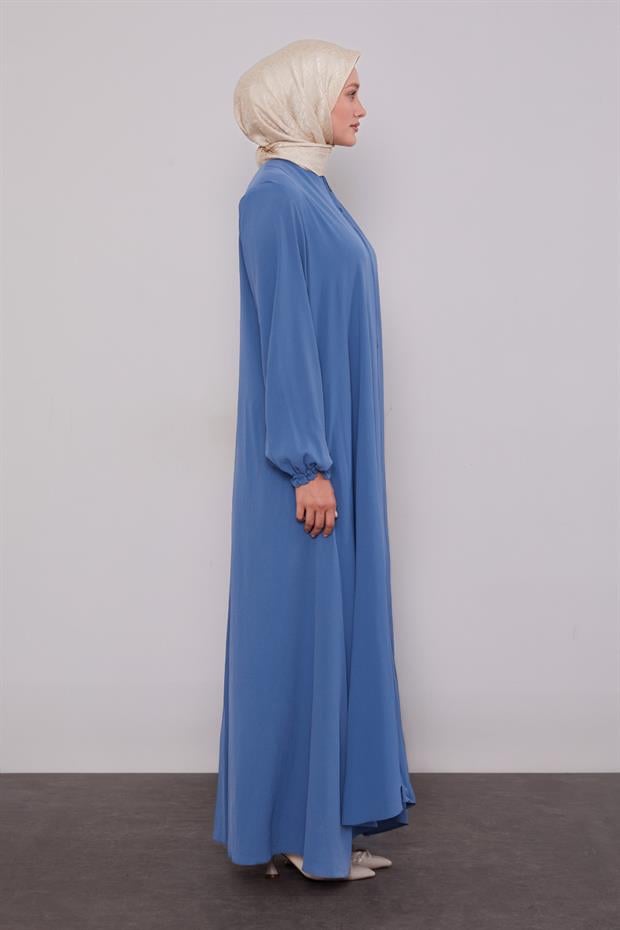 İndigo Fermuarlı Kol Ucu Lastik Büzgülü Ferace