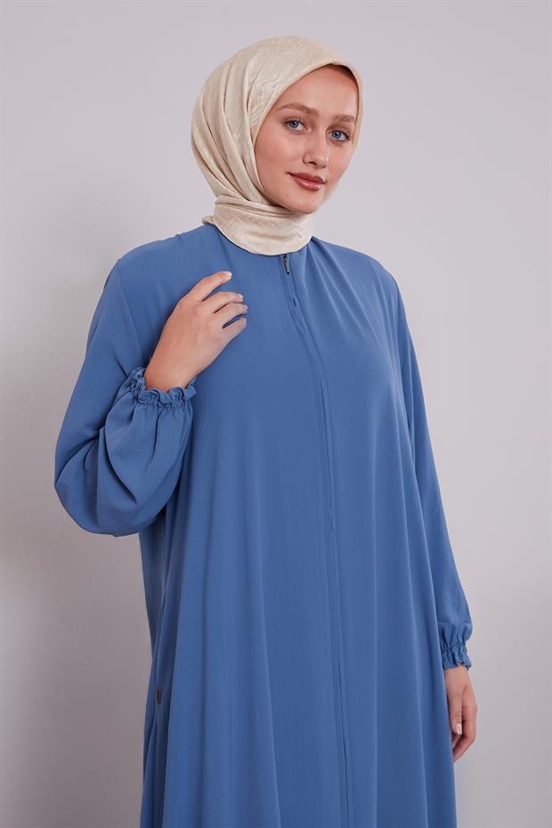 İndigo Fermuarlı Kol Ucu Lastik Büzgülü Ferace