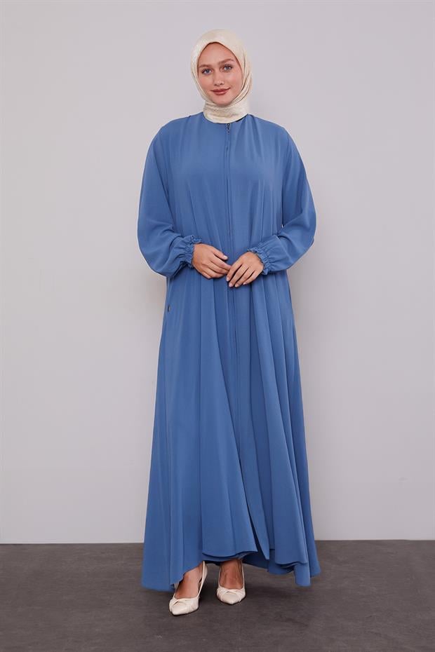 İndigo Fermuarlı Kol Ucu Lastik Büzgülü Ferace