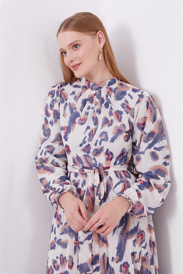 İndigo Fırfır Kol Detaylı Elbise