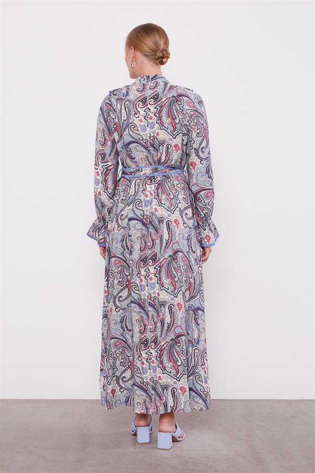 İndigo Fırfırlı Etnik Desen Elbise