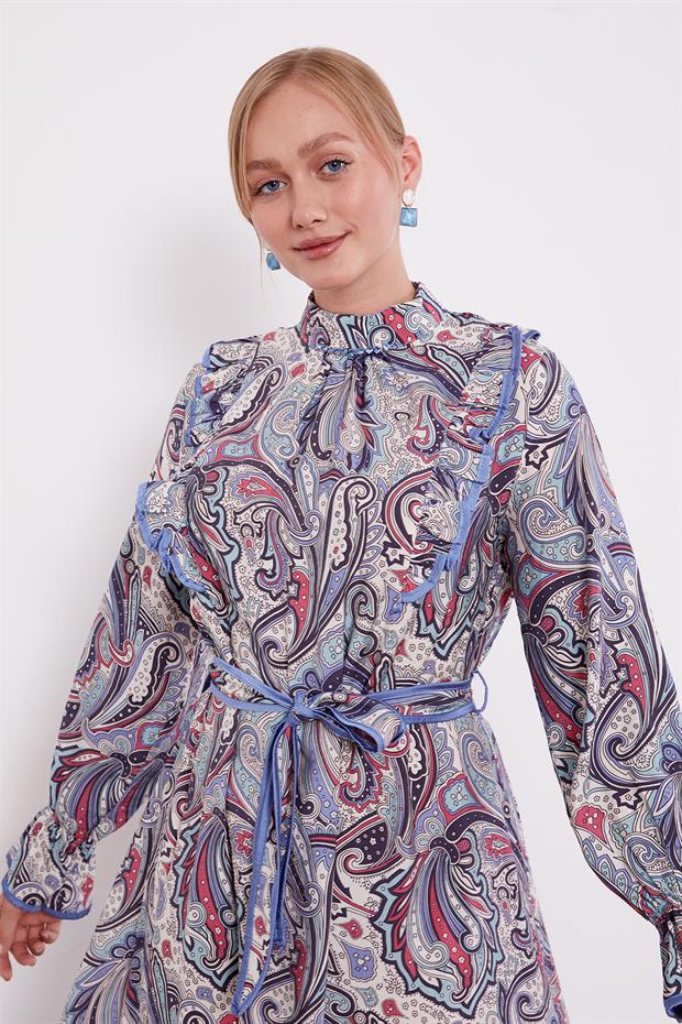 İndigo Fırfırlı Etnik Desen Elbise