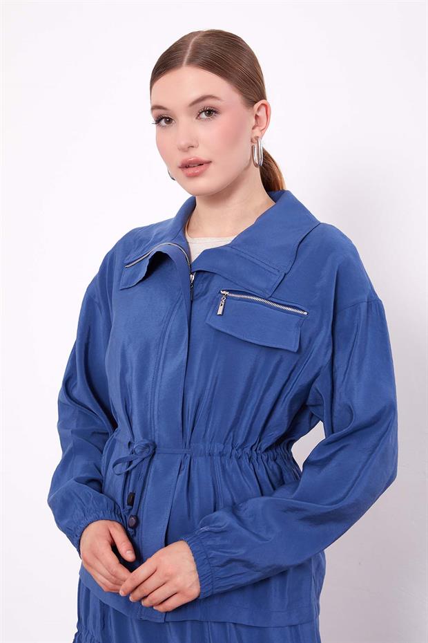 İndigo Gizli Fermuar Detaylı Etek Takım