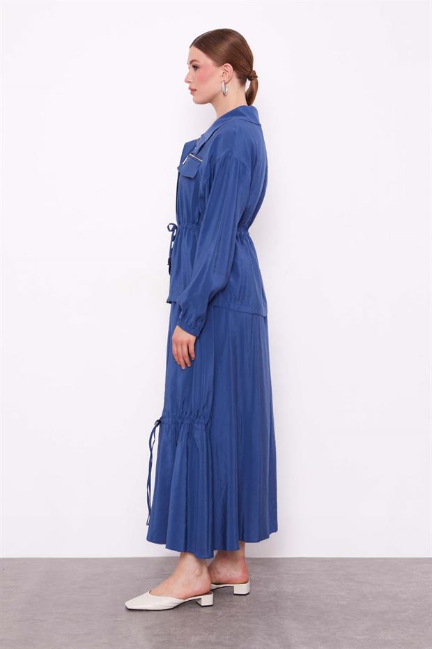 İndigo Gizli Fermuar Detaylı Etek Takım