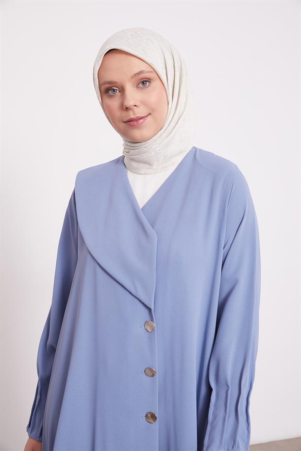 İndigo Gol Düğme Detaylı Ferace