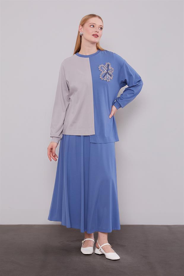 İndigo İki Renkli Asimetrik Etekli Takım