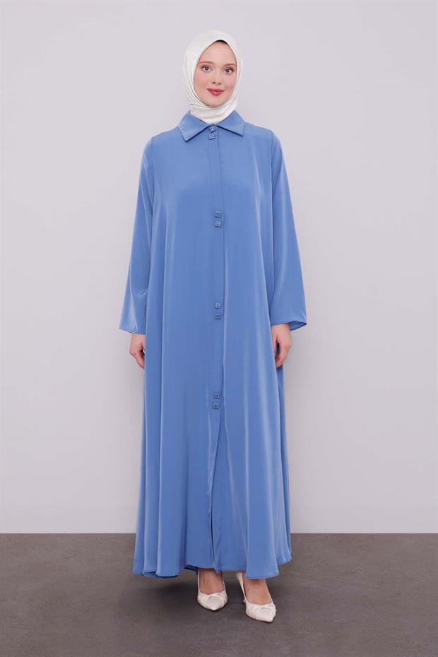 İndigo İkili Düğme Detaylı Ferace