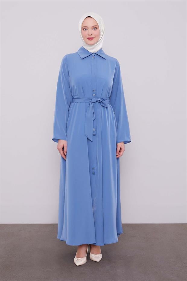 İndigo İkili Düğme Detaylı Ferace