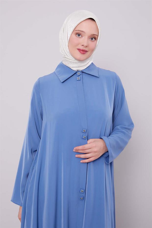 İndigo İkili Düğme Detaylı Ferace