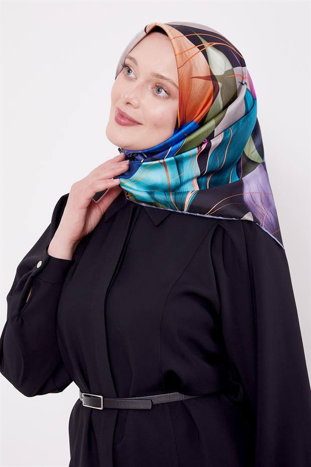 İndigo İnce Yaprak Desen Twill İpek Eşarp