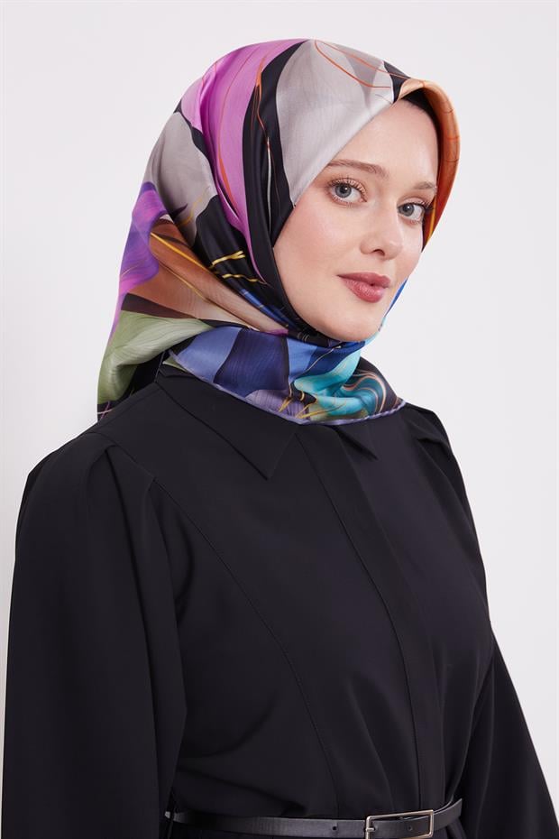 İndigo İnce Yaprak Desen Twill İpek Eşarp