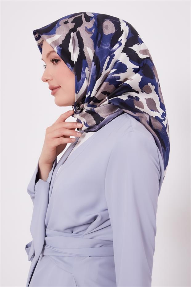 İndigo Kamuflaj Desen Twill İpek Eşarp