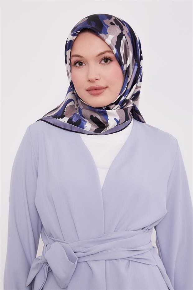 İndigo Kamuflaj Desen Twill İpek Eşarp