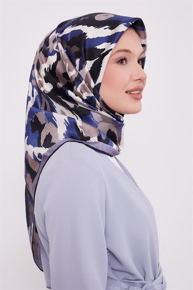 İndigo Kamuflaj Desen Twill İpek Eşarp