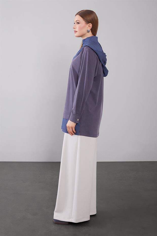 İndigo Kapüşonlu Çizgi Detay Sweat