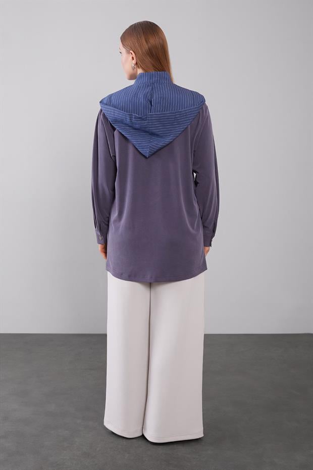 İndigo Kapüşonlu Çizgi Detay Sweat