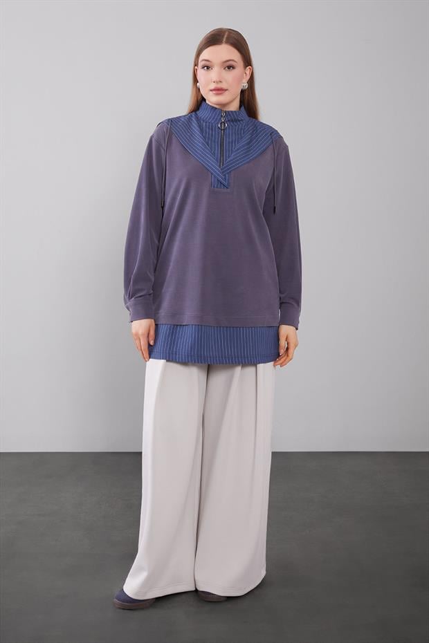 İndigo Kapüşonlu Çizgi Detay Sweat