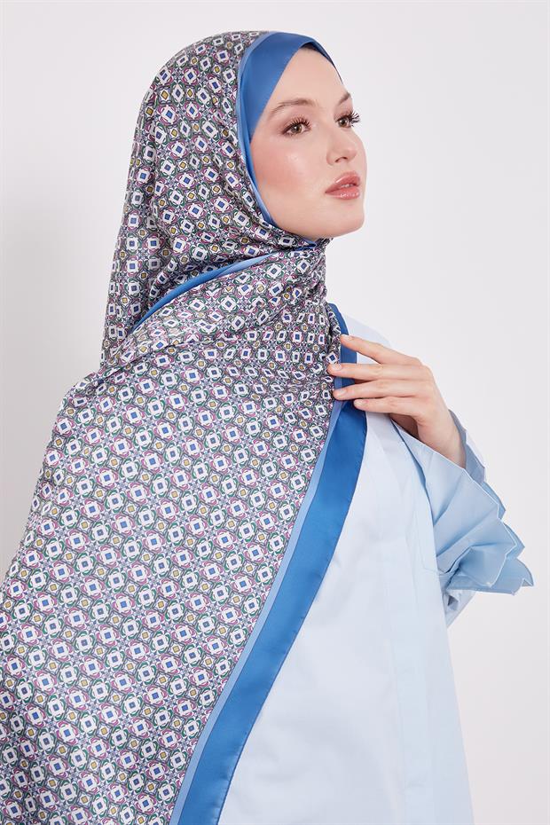 İndigo Kare Desen Hint İpeği Şal