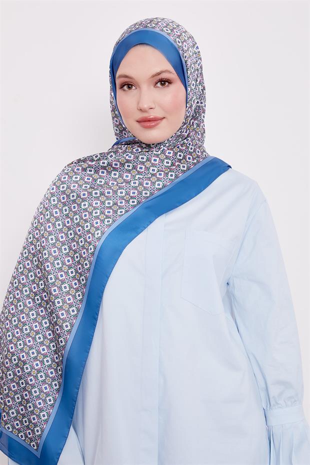 İndigo Kare Desen Hint İpeği Şal