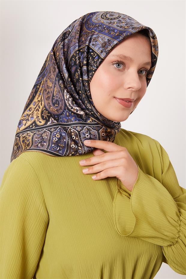 İndigo Karışık Hint Desen Twill İpek Eşarp