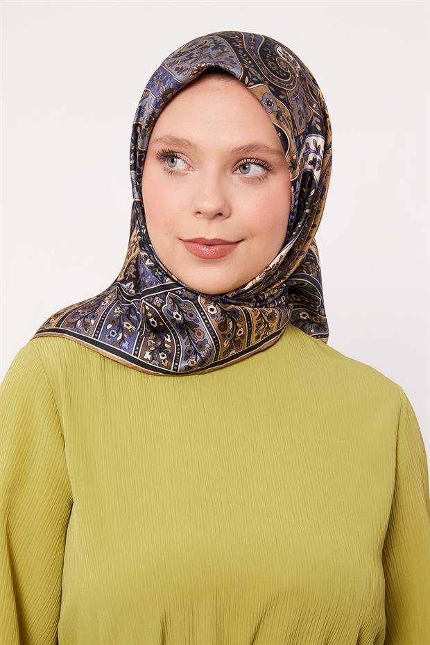 İndigo Karışık Hint Desen Twill İpek Eşarp