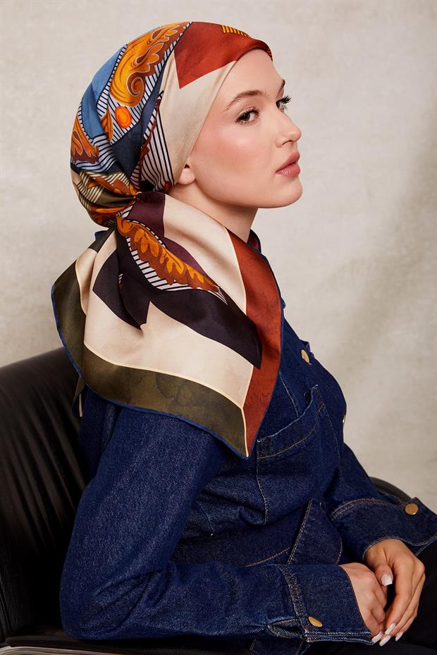 İndigo Karışık Desen Twill İpek Eşarp