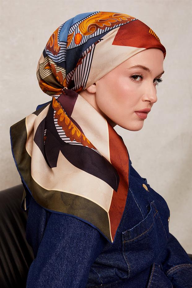 İndigo Karışık Desen Twill İpek Eşarp