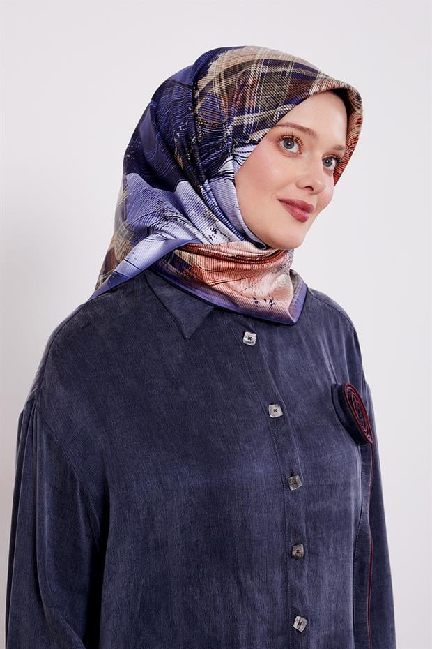 İndigo İnce Çizgi Desen Twill İpek Eşarp