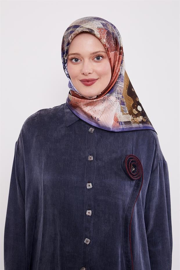 İndigo İnce Çizgi Desen Twill İpek Eşarp