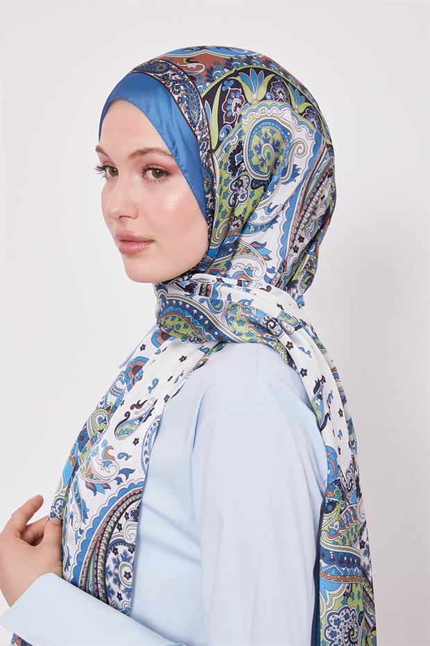 İndigo Karışık Desenal Hint İpeği Şal