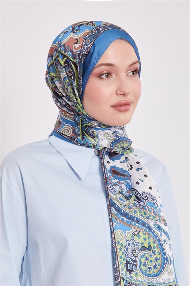 İndigo Karışık Desenal Hint İpeği Şal