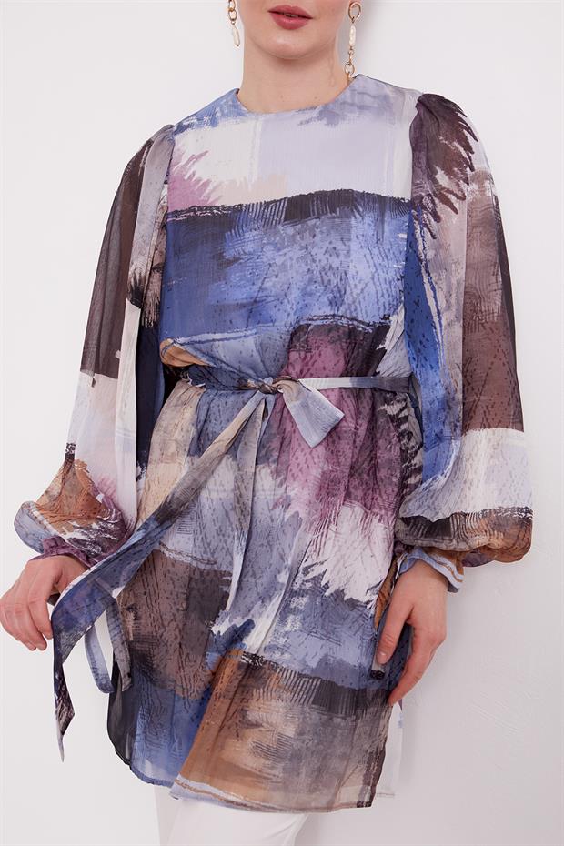 İndigo Karışık Fırça Desen Şifon Tunik