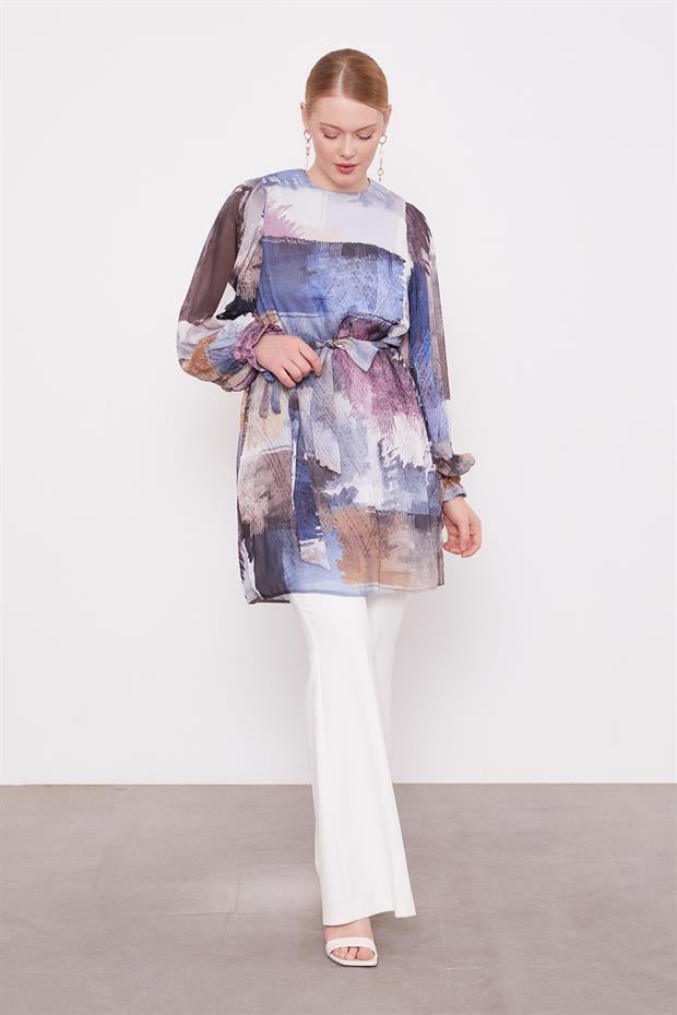 İndigo Karışık Fırça Desen Şifon Tunik