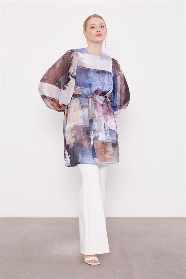 İndigo Karışık Fırça Desen Şifon Tunik