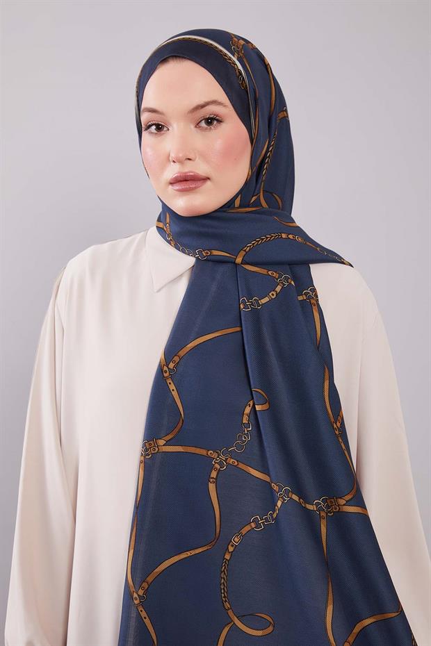 İndigo Kemer Desenli Yün İpek Şal