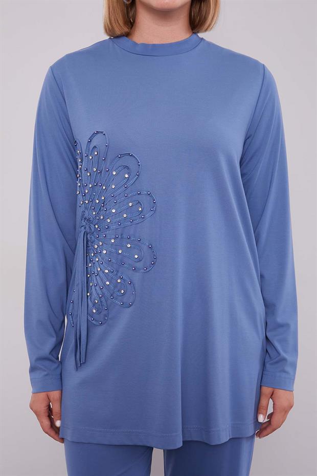 İndigo Kenar Desen Detaylı Taşlı İkili Takım