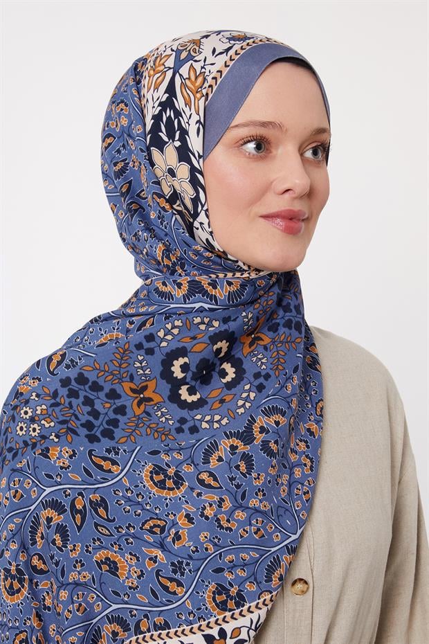 İndigo Kenar Motif Desen Royal Şal