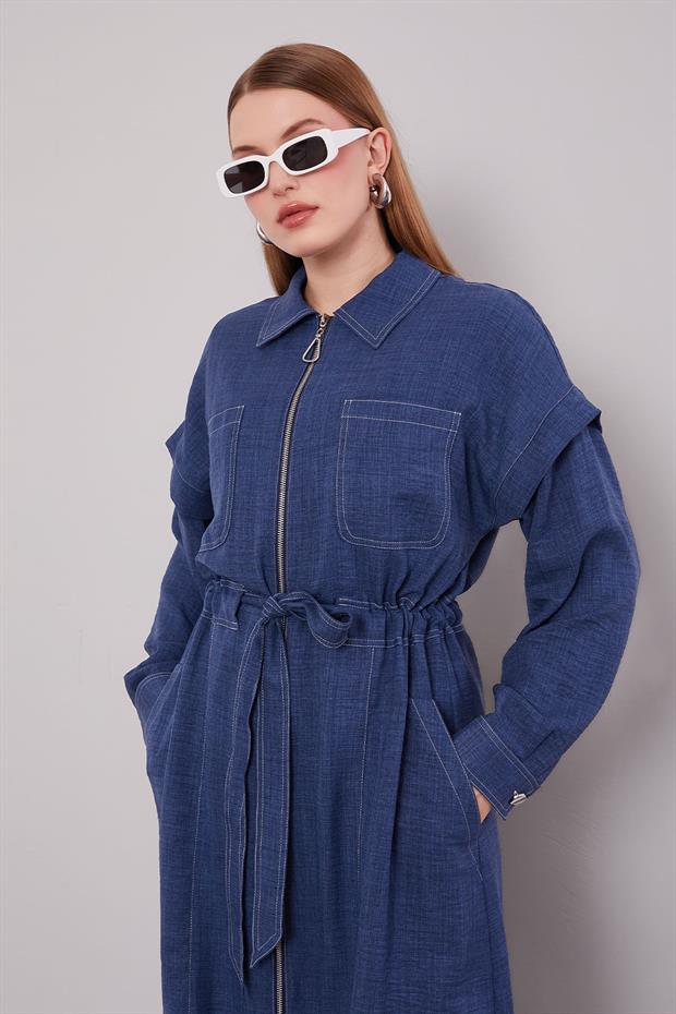 İndigo Kol Detaylı Fermuarlı Kap