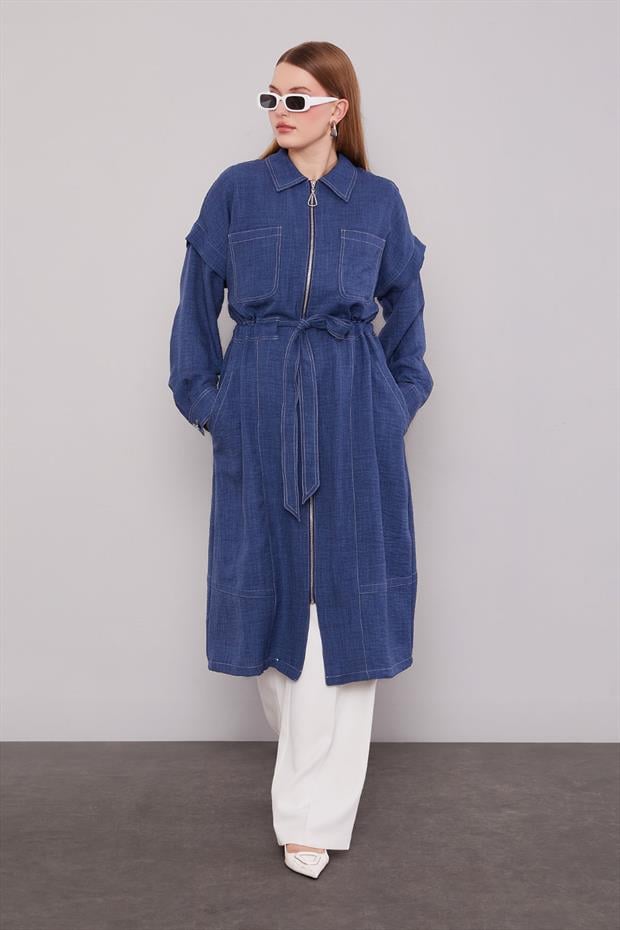 İndigo Kol Detaylı Fermuarlı Kap