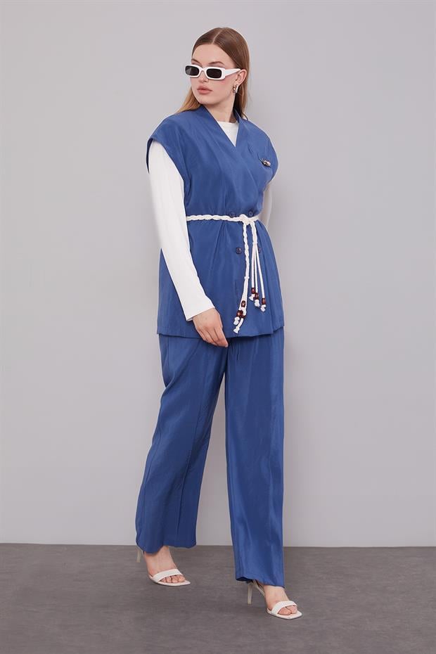 İndigo Kuşak Detay Yelekli İkili Takım