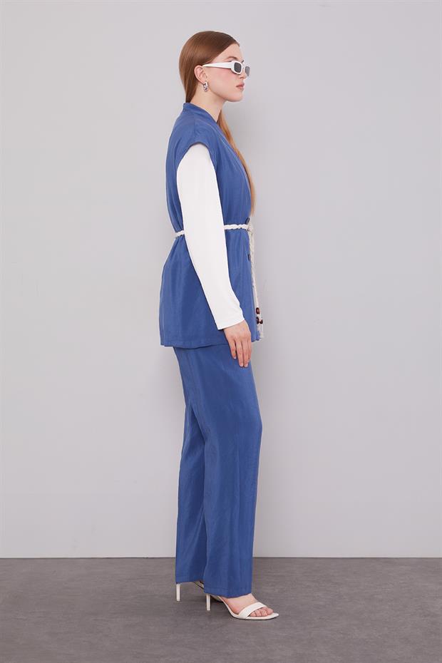 İndigo Kuşak Detay Yelekli İkili Takım