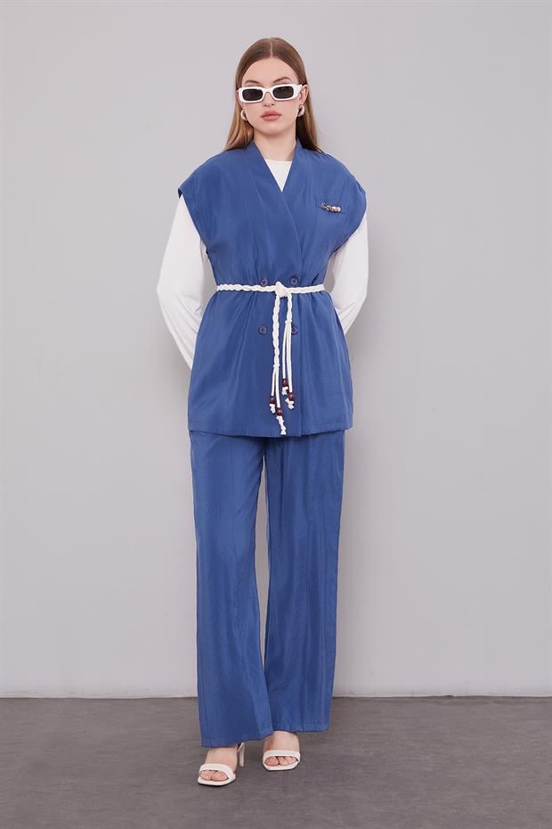 İndigo Kuşak Detay Yelekli İkili Takım