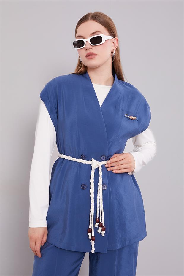 İndigo Kuşak Detay Yelekli İkili Takım