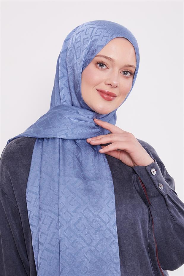 İndigo L Desen İtalyan Jakar Şal