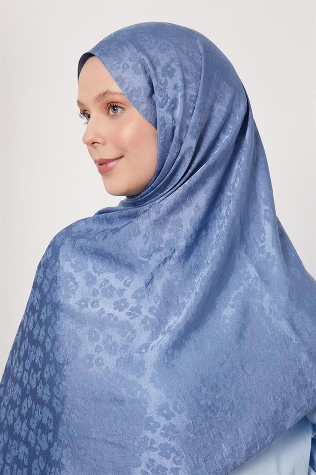 İndigo Leopar Desen İtalyan Jakar Şal