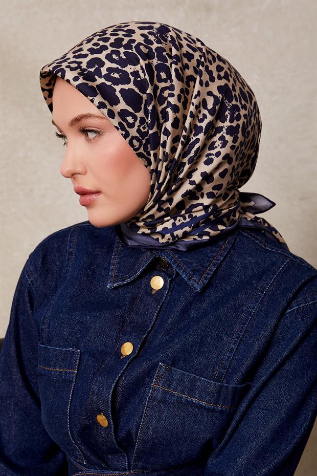 İndigo Leopar Desen Twill İpek Eşarp