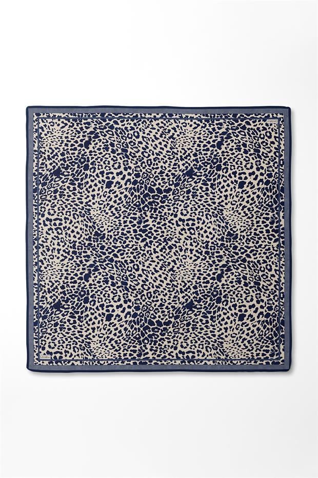 İndigo Leopar Desen Twill İpek Eşarp
