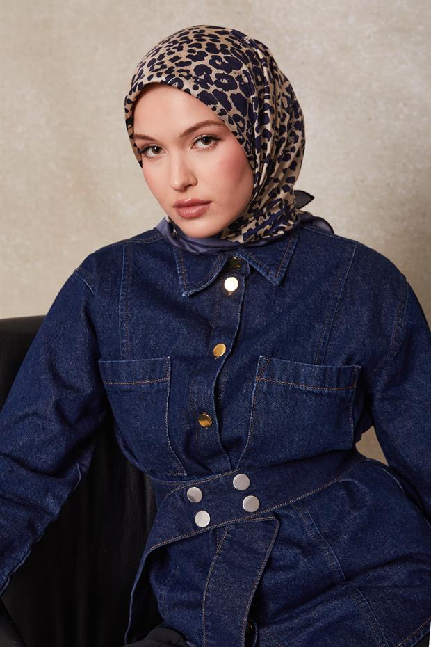 İndigo Leopar Desen Twill İpek Eşarp