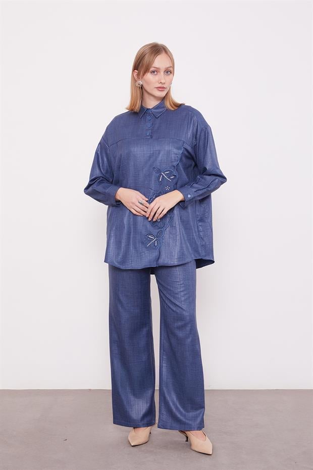 İndigo Nakış Gül Detaylı Tunik Takım